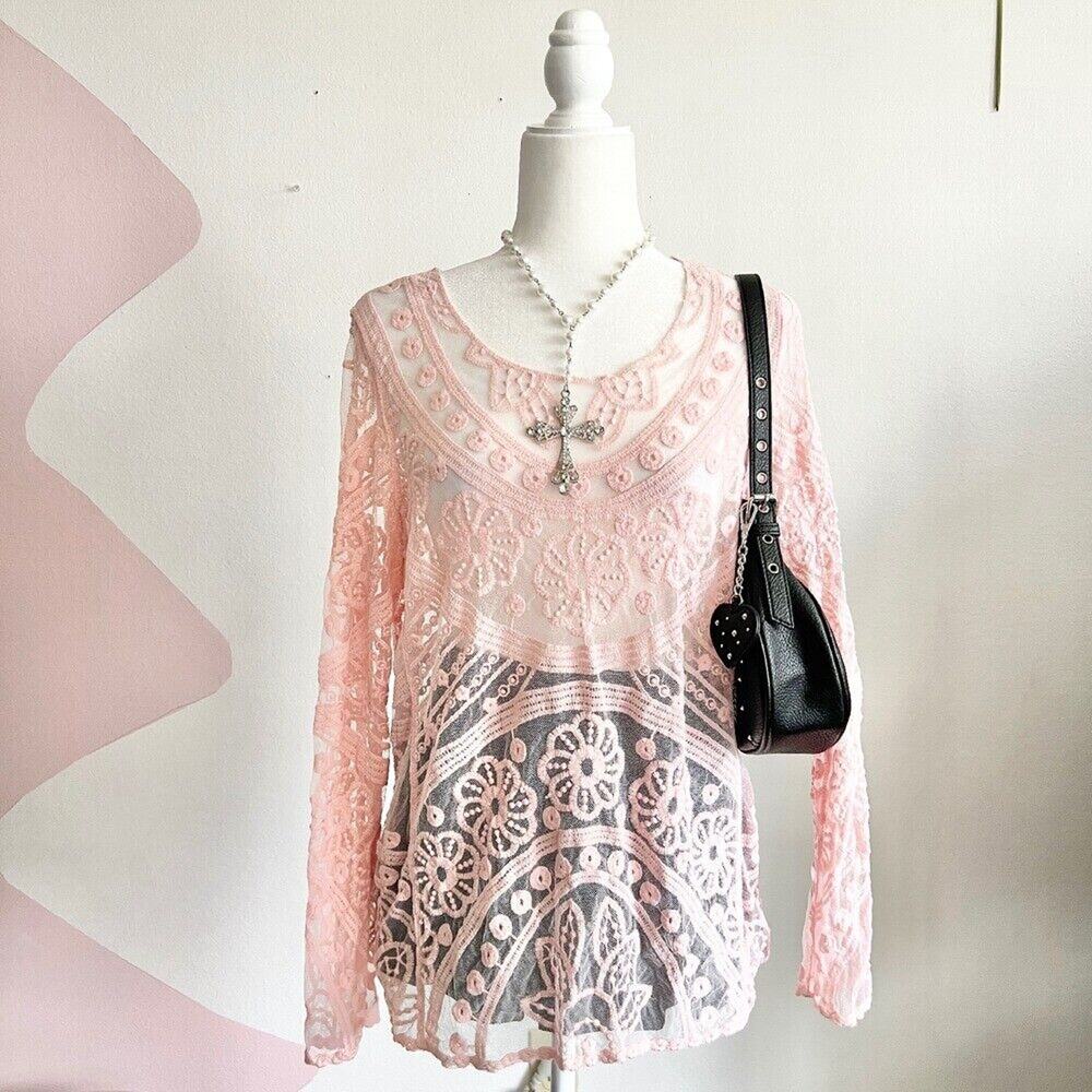 Pink Lace Mesh Top, Y2K, Coquette, Large, Festival, Soft Girl,‎ Dollcore, Girly